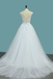 Scoop Open Back Bridal Dresses Tulle With Applique A Line Chapel Train