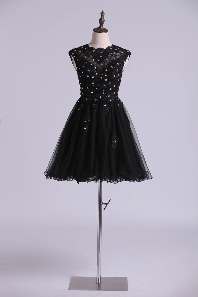 Scoop Party Dress A Line Tulle Skirt Embellished Bodice With Beads & Applique Cap Sleeve Mini Rjerdress
