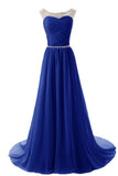 Scoop Party Dresses A Line Pleated Bodice Chiffon With Beads Dark Royal Blue
