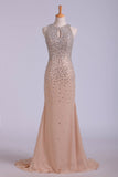 Scoop Party Dresses Sheath/Column With Beads Chiffon Sweep Train