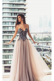 Scoop Prom Dress Tulle Scoop Floor Length Appliques Covered Button Rjerdress