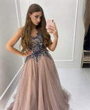 Scoop Prom Dress Tulle Scoop Floor Length Appliques Covered Button Rjerdress