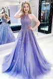 Scoop Prom Dresses A Line Tulle With Applique And Beads Sweep Train Rjerdress
