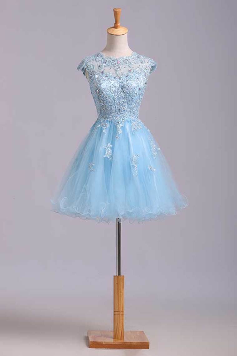 Scoop Short/Mini Hoco Dress A Line Tulle Skirt Embellished Bodice With Beads And Applique Cap Sleeve Rjerdress