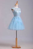 Scoop Short/Mini Hoco Dress A Line Tulle Skirt Embellished Bodice With Beads And Applique Cap Sleeve Rjerdress