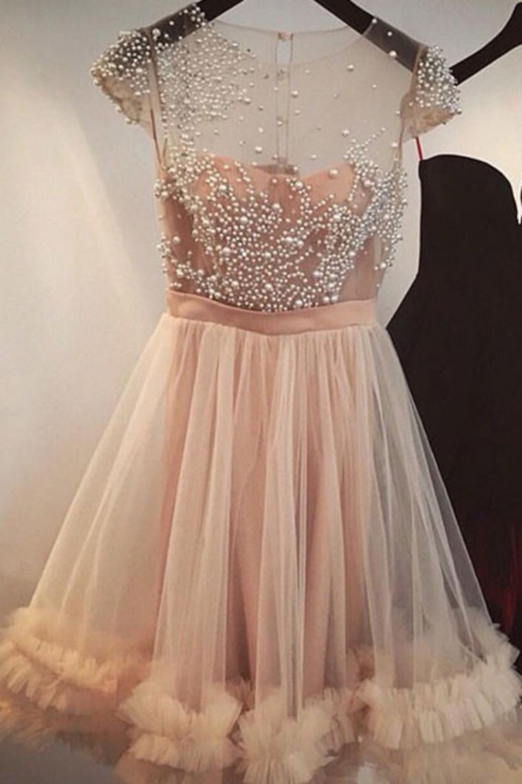Scoop Short Sleeves Homecoming Dresses A Line Tulle With Beading Rjerdress