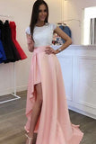 Scoop Sleeves Detachable Train Pearl Pink Satin Evening Dress with Lace Prom Dresses RJS383