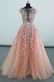 See Through Cap Sleeves Floor Length Tulle Prom Dress With Appliques Belt Rjerdress