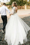 See Through Half Sleeve Ivory Country Wedding Dresses Backless Tulle Wedding Dress W1073