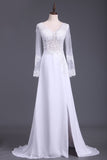 See-Through Party Dresses V Neck Long Sleeves Chiffon With Applique And Slit Rjerdress