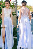 See Through Side Slit Pale Blue Lace Chiffon Scoop Prom Dresses uk RJS375 Rjerdress