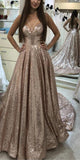 Sequin A Line Gold V Neck Long Prom Dress, Long Cheap Evening Dresses Rjerdress