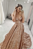 Sequin A Line Gold V Neck Long Prom Dress, Long Cheap Evening Dresses Rjerdress