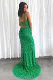 Sequin Glitters V Neck Straps Mermaid Long Prom Dresses With Split Rjerdress