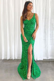 Sequin Glitters V Neck Straps Mermaid Long Prom Dresses With Split Rjerdress