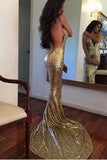 Sequin Mermaid Long Gold Sexy Deep V-Neck Spaghetti Strap Backless Sparkly Prom Dresses RJS371