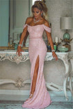 Sequin Off The Shoulder Prom Evening Dresses Mermaid Split Sweep Train