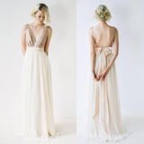 Sequin Sexy Chiffon Long Backless V-Neck Backless Sleeveless A-Line Bridesmaid Dresses RJS42 Rjerdress