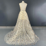 Sequin Star Tulle Prom Dresses V Neck Long Princess Ball Gown Evening Dress Rjerdress