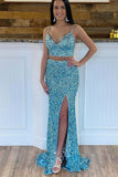 Sequin Two Pieces Prom Dress Fashion Sexy Custom Made Evening Dress Rjerdress