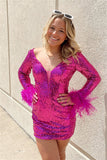 Sequin V Neck Bodycon Homecoming Dresses Long Sleeves With Feather