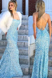 Sequins Mermaid Spaghetti Straps Prom Dresses Sweep Train