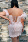 Sequins Spaghetti Straps Homecoming Dresses Sheath Short/Mini Lace Up Feather Rjerdress