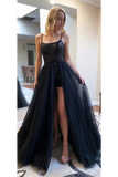 Sequins Tulle Spaghetti Straps Long Skirt Prom Dresses With Detachable,Unique Short Dresses