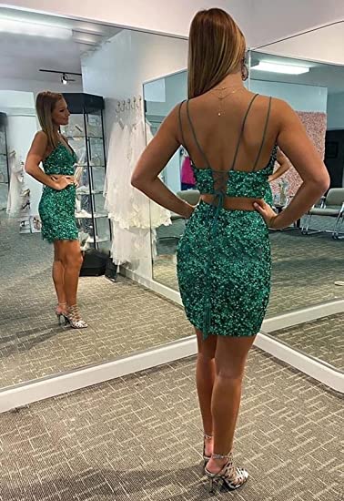 Sequins Two Pieces Homecoming Dresses V-Neck Knee-Length Cocktail Dresses Rjerdress