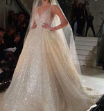 Sequins V-Neck Ivory Backless A-Line Sleeveless Elegant Plus Size Prom Dresses RJS381
