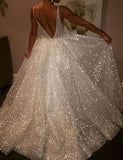 Sequins V-Neck Ivory Backless A-Line Sleeveless Elegant Plus Size Prom Dresses RJS381 Rjerdress