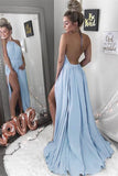 Sexy A-Line Halter Neck Backless Sleeveless Blue with Slit Chiffon Prom Dresses UK RJS410