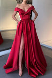 Sexy A-Line Long Off The Shoulder High Slit Satin Prom Dresses