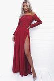 Sexy A Line Off the Shoulder Long Sleeve Dark Red Prom Dress with Lace High Split RJS759