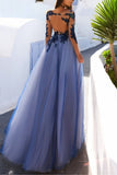 Sexy A-Line See Through Blue Lace Long Sleeve Open Back Appliques Long Prom Dresses UK RJS413 Rjerdress