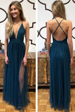 Sexy A Line Spaghetti Straps Blue Tulle Prom Dress with Split Criss Cross Evening Dresses RJS910