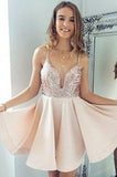 Sexy A-Line Spaghetti Straps V Neck Pearl Pink Short Homecoming Dress with Sequins RRJS881 Rjerdress