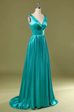 Sexy A Line Split Turquoise V-Neck Green Satin Prom Dresses with High Slit RJS633 Rjerdress