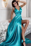 Sexy A Line Split Turquoise V-Neck Green Satin Prom Dresses with High Slit RJS633