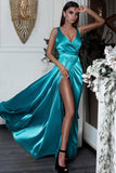 Sexy A Line Split Turquoise V-Neck Green Satin Prom Dresses with High Slit RJS633 Rjerdress