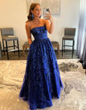 Sexy A-Line Strapless Pleating Long Prom Dress With Applique