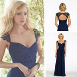 Sexy A-Line Sweetheart Cap Sleeve Lace Open Back Navy Blue Long Bridesmaid Dresses RJS80 Rjerdress
