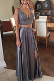 Sexy A Line Two Pieces V Neck Satin Split Side With Beading Prom Dresses RJS42