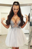 Sexy A Line V Neck Short Ivory Tulle Homecoming Dress with Beads Backless Cocktail Dress H1269 Rjerdress
