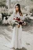 Sexy A line Ivory Long Sleeve Backless Wedding Dresses Lace High Neck Bridal Gowns