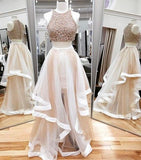 Sexy A-line Scoop Neck Tulle Beading Two Piece Halter Sleeveless Pink Prom Dresses RJS635 Rjerdress