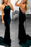 Sexy Backless Dark Green Mermaid Spaghetti Straps Sleeveless Custom Cheap Prom Dresses RJS478
