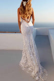 Sexy Backless Off White Mermaid Lace V Neck Long Wedding Dresses With Appliques Rjerdress