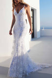 Sexy Backless Off White Mermaid Lace V Neck Wedding Dresses Long Prom Dresses rjs354