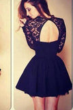 Sexy Ball Gown High Neck Long Sleeves Lace Backless Black Short Homecoming Dress RJS994 Rjerdress